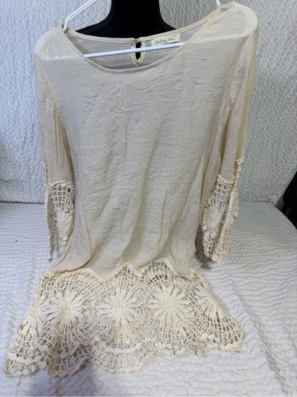 Indigo Cream Crochet-Hem Tunic Top